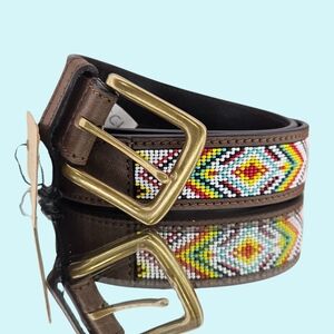 Genicci Belt 1.25" Buffalo Leather Brown Multicolor Bead Aztec Tribal Colorful